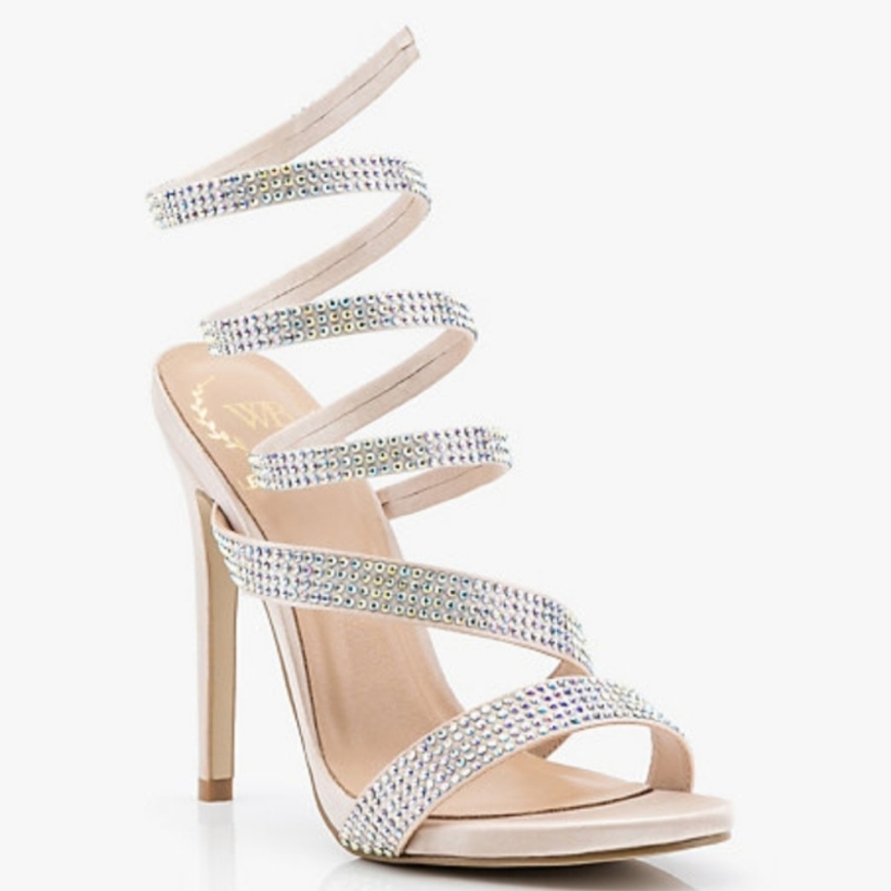 Le Chateau WB High Heel Strappy Sparkly Crystal Nude Satin Sandals size 7 37